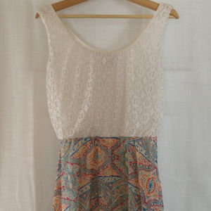 Dress w white lace top and colorful pattern bottom